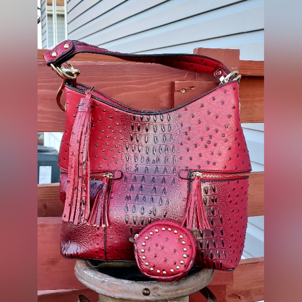 PURSE ~ RED OSTRICH STYLE SHOULDER BAG WITH COIN PURSE